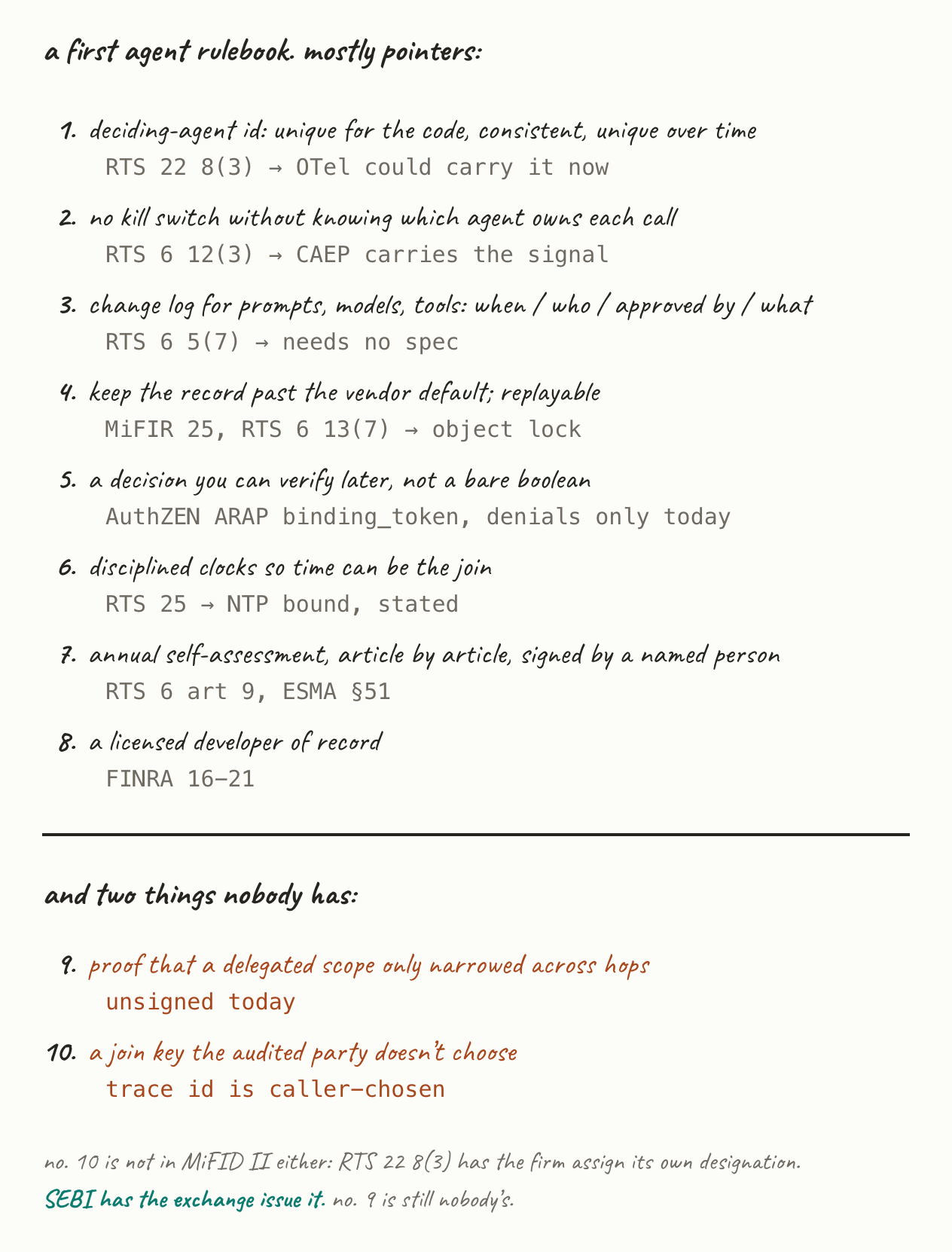 A first agent rulebook as a handwritten list: eight pointers to standards that already exist, then the two things nobody has, with a note that India already issues the join key.